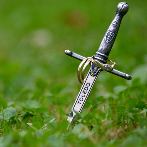 a mini sword stuck in a field of clovers with two rings hanging off it